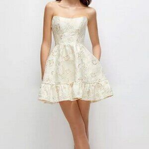 Dessy Collection Ivory Gold Floral Brocade Corset Mini Dress 3173GRO